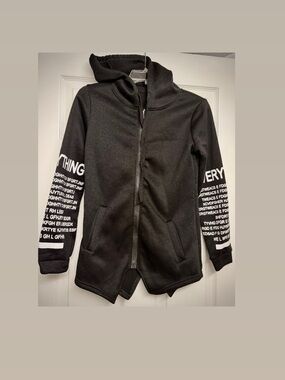 Black Zip-Up Hoodie with White Sleeve Text